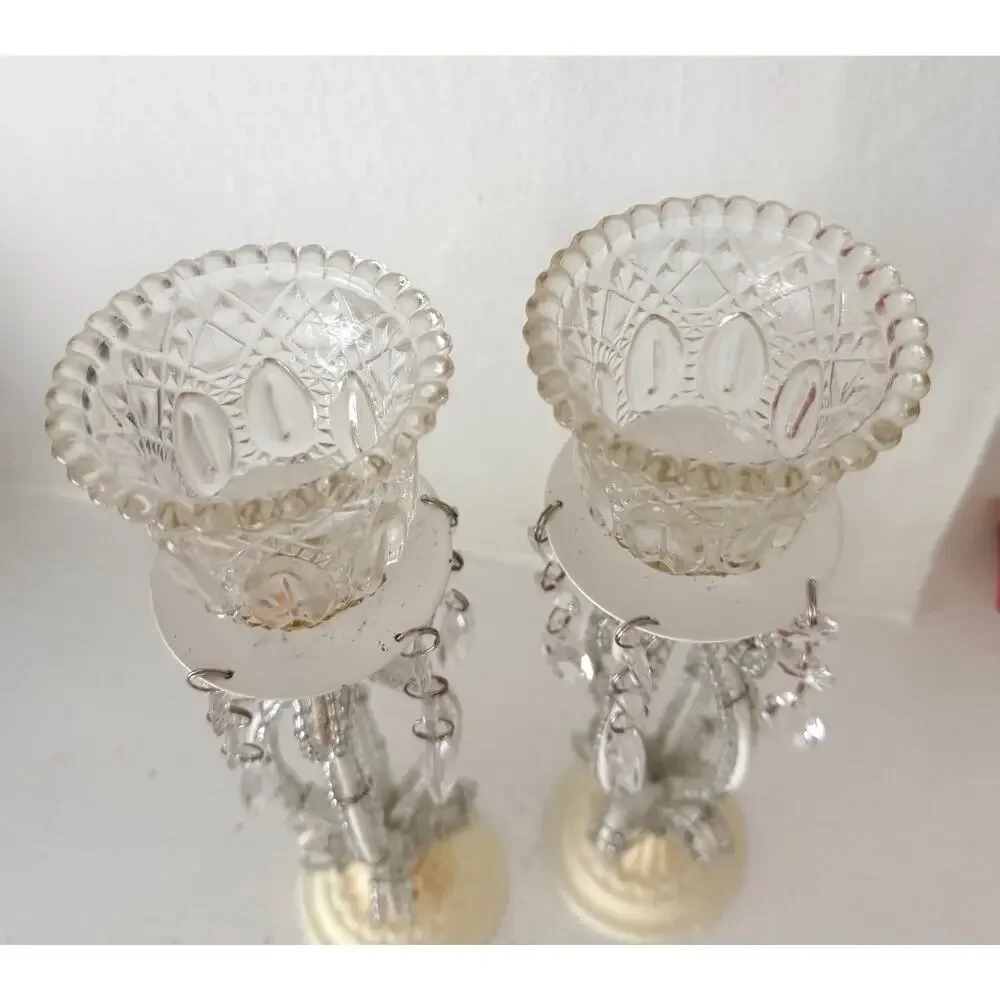 Vintage Pair Beaded Wire Votive Candle Holder Crystal Cut Glass Cottage Shabby
